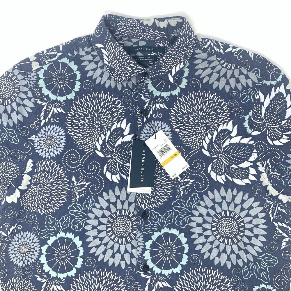 Perry Ellis Untucked Blue/Gray Floral Men's Short Sleeve Button Up Shirt Size Sm